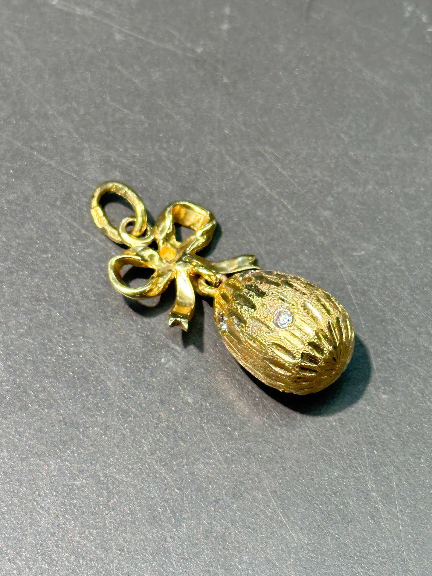 Vintage Imperial Russian 18K Gold Diamond Solid Egg Ribbon Pendant