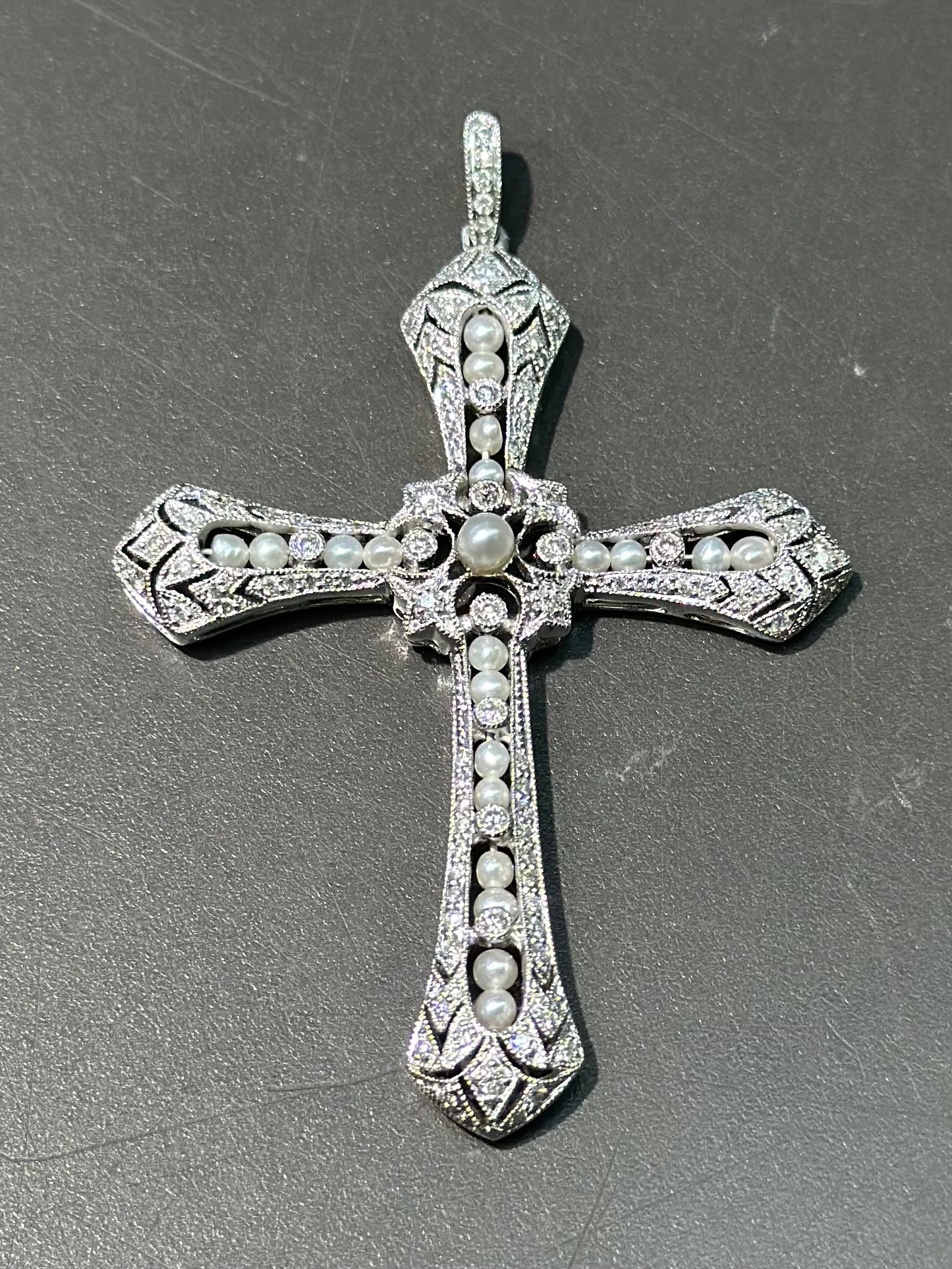 Art Deco Platinum Seed Pearl and Diamond Cross Pendant