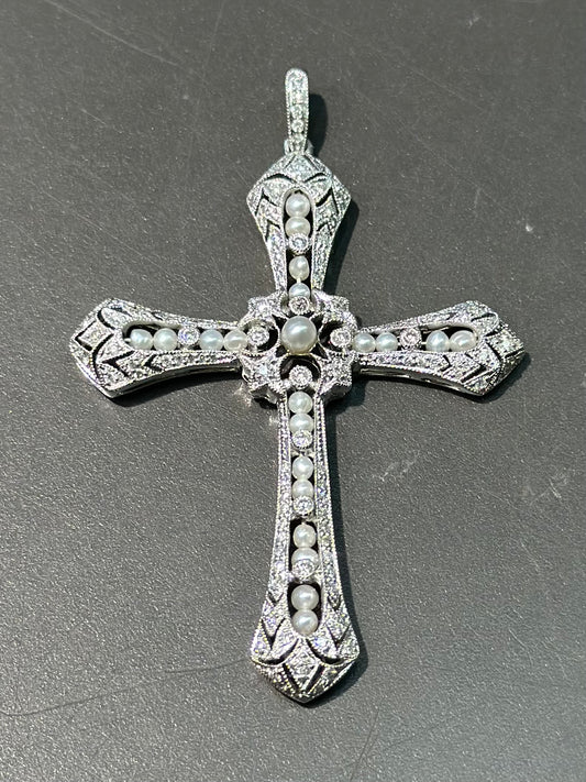 Art Deco Platinum Seed Pearl and Diamond Cross Pendant