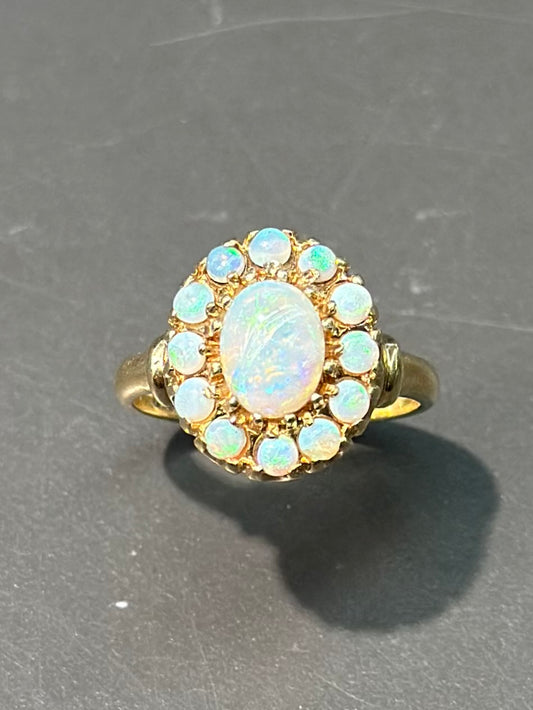 Vintage 10K Gold Opal Halo Cluster Ring