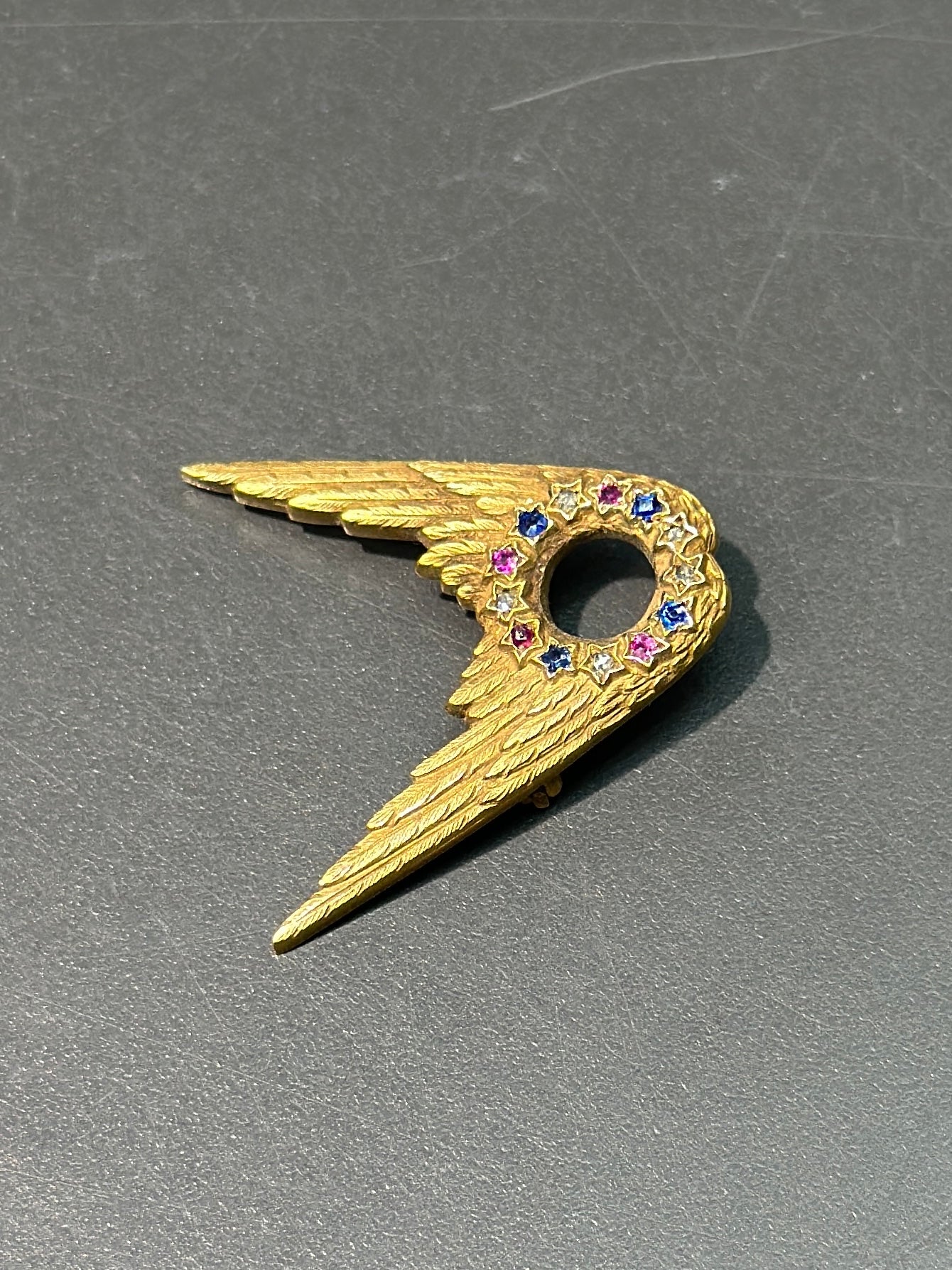 Art Nouveau Tiffany & Co. 14K Gold Ruby Sapphire Diamond Star Wing Brooch