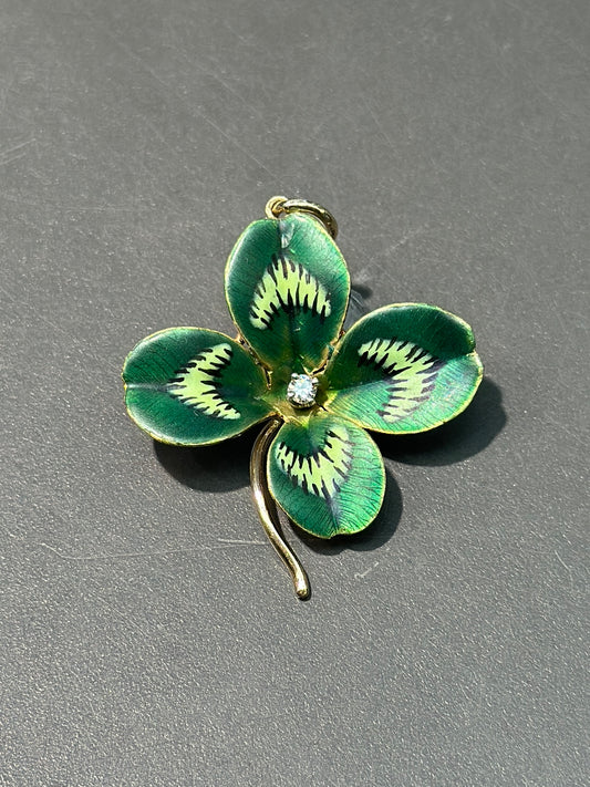 Art Nouveau 14K Or Vert Émail Trèfle Pendentif Charme