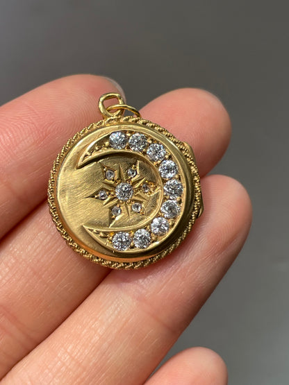 Antique 14K Gold 0.92 CTW Crescent and Star Diamond Locket Pendant