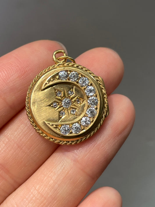 Antique 14K Gold 0.92 CTW Crescent and Star Diamond Locket Pendant