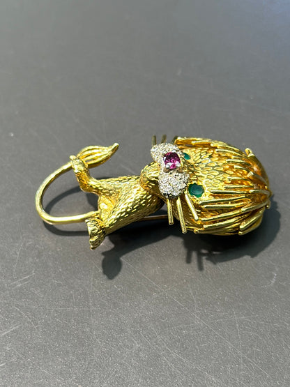 复古 18K 金大号绿宝石钻石红宝石狮子胸针
