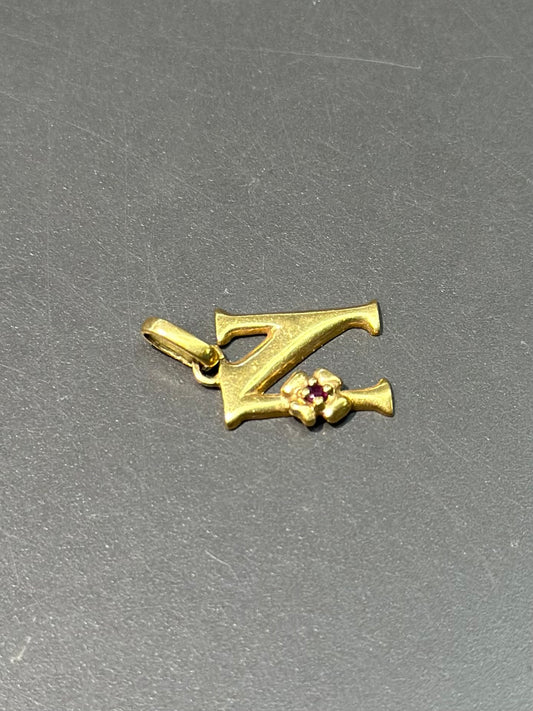 Vintage 18K Gold Garnet Flower N Letter Charm