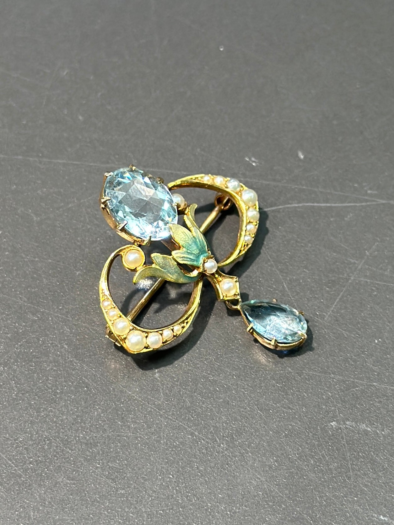 Art Nouveau Krementz & Co. 14K Gold Aquamarine Seed Pearl Enamel Brooch