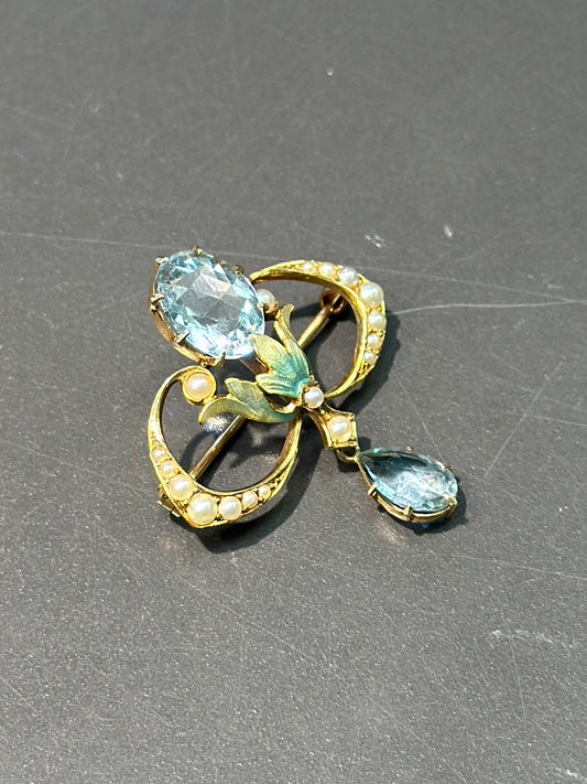 Art Nouveau Krementz & Co. 14K Gold Aquamarine Seed Pearl Enamel Brooch