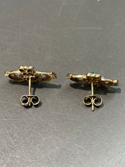 Vintage 14K Gold Chrysoprase Diamond Halo Claddaugh Earring