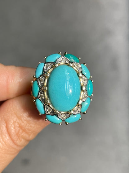 Vintage 14K Gold Turquoise Diamond Cluster Halo Ring