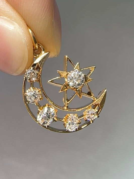 Antique 14K Yellow Gold 0.68 CTW Diamond Crescent Star Pendant