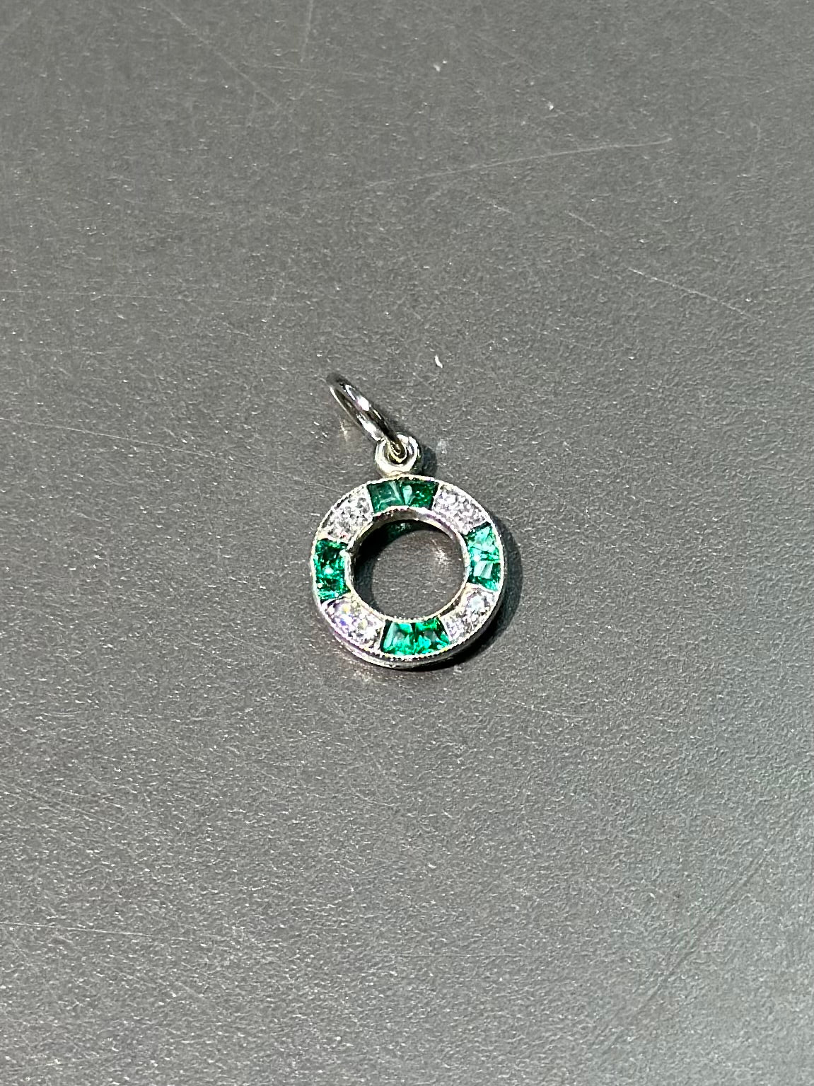 Art Deco Platinum Emerald and Diamond Circle Charm