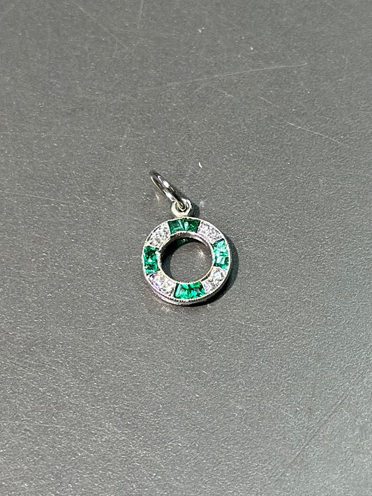 Art Deco Platinum Emerald and Diamond Circle Charm