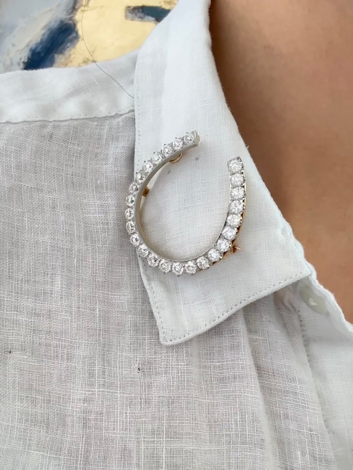 Antique Edwardian Platinum 18K Yellow Gold 4.30 CTW Diamond Horse Shoe Brooch Pendant