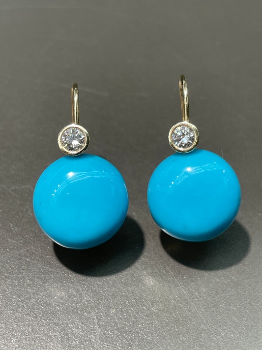 14K Gold Sleeping Beauty Turquoise Diamond Bezel Drop Earring