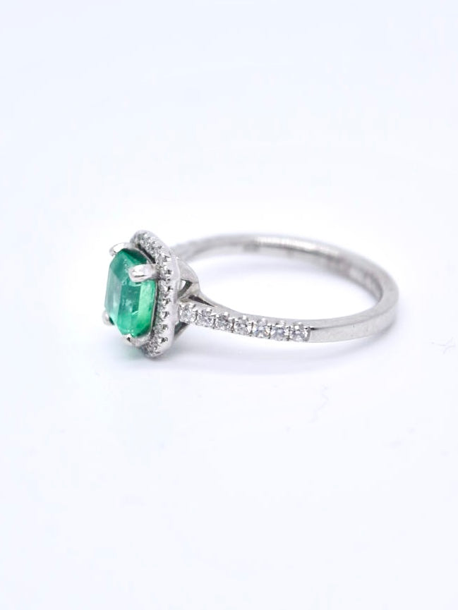 Platinum Emerald Cut Colombian Emerald and Diamond Halo Ring Size 6