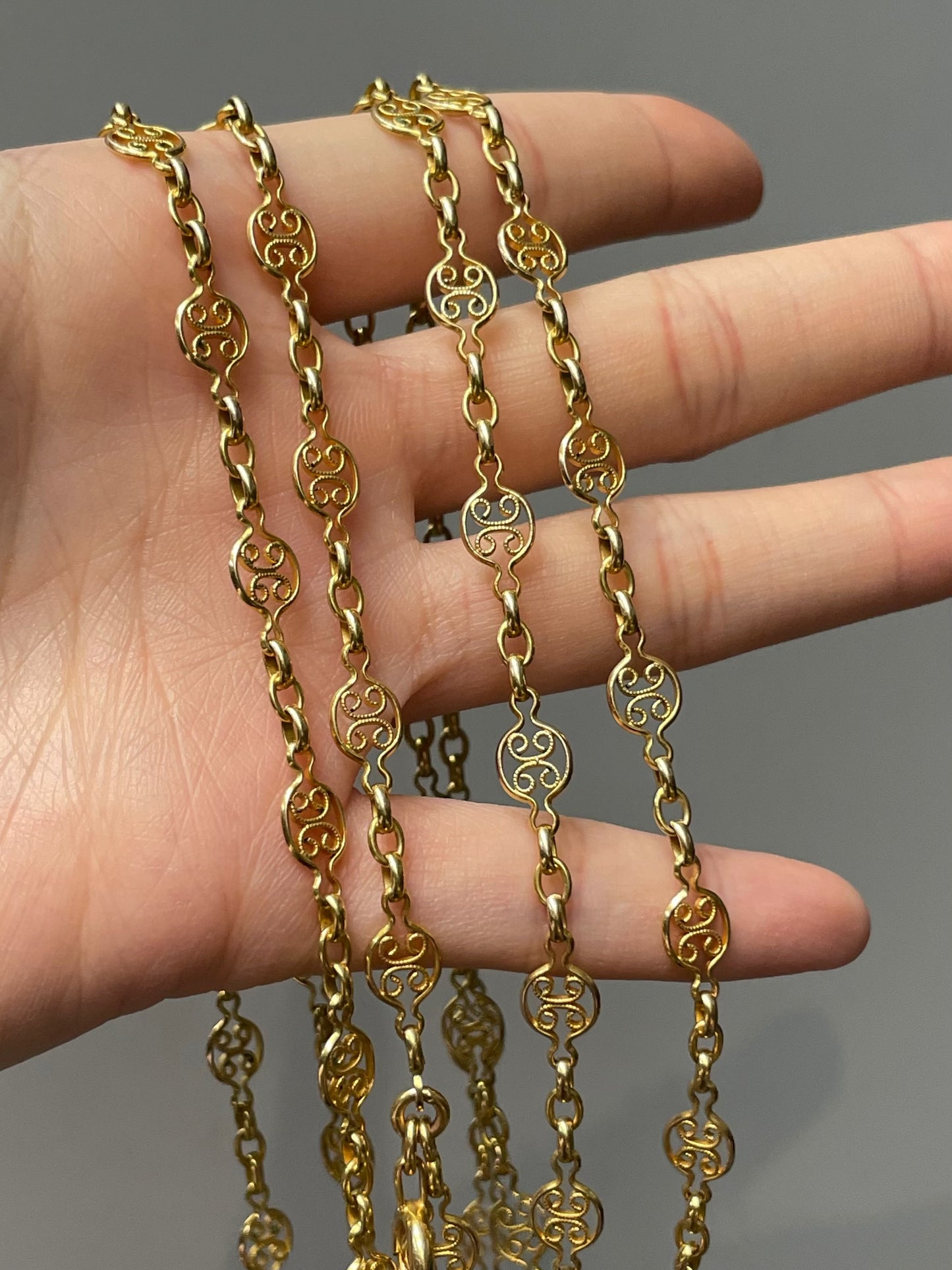 Antique 14K Yellow Gold Filigree Watch Chain Necklace 52.0 inch