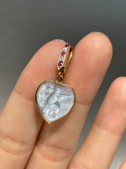 Antique 14K Gold Cherub Moonstone Ruby Diamond Heart Pendant