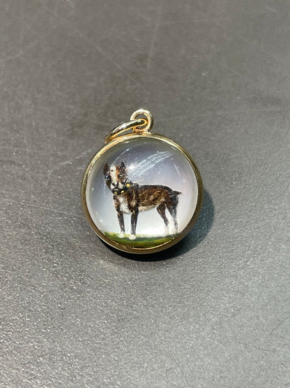 古董 14K 金反向彩绘埃塞克斯水晶“斗牛犬”吊坠饰品