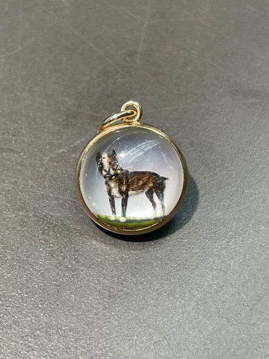 古董 14K 金反向彩绘埃塞克斯水晶“斗牛犬”吊坠饰品