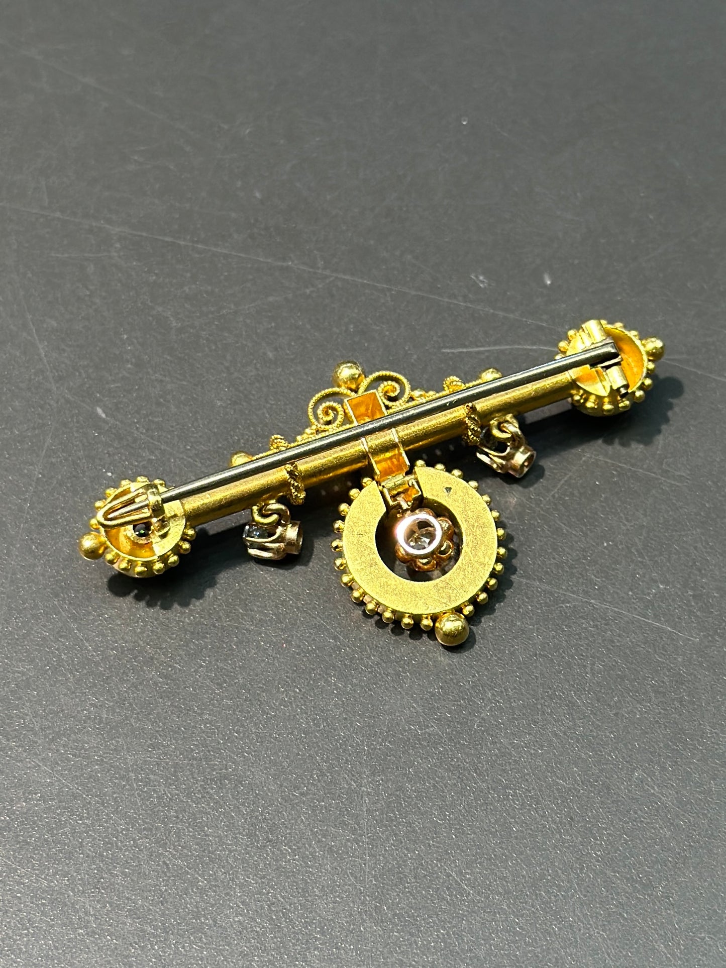 维多利亚伊特鲁里亚复兴 14K 金绿松石钻石胸针