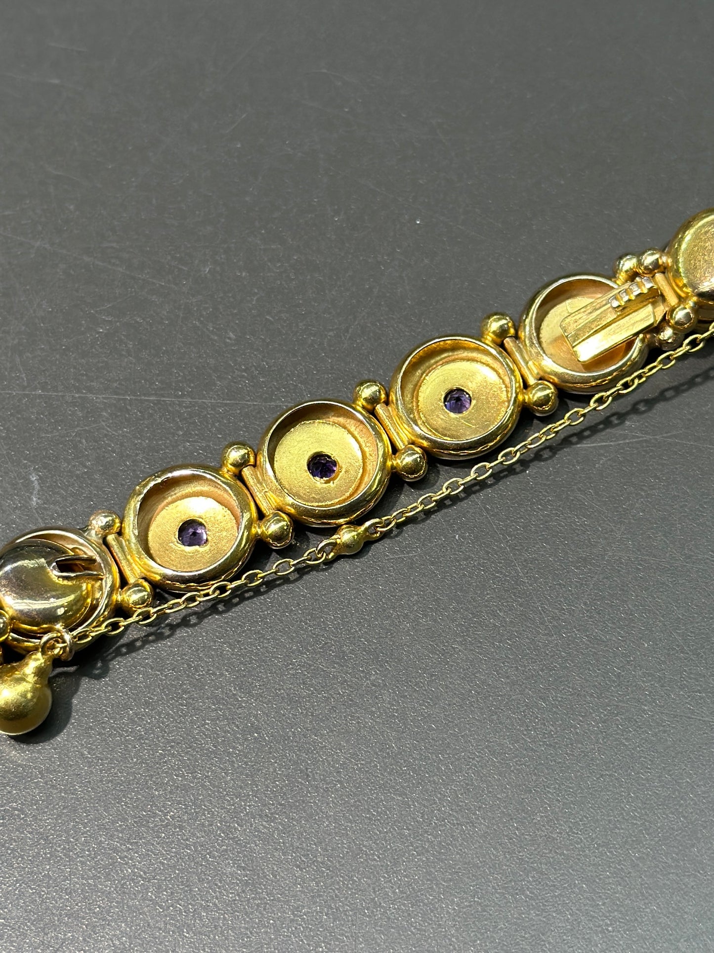 Bracelet à maillons bouton Starburst améthyste victorien antique 14 carats