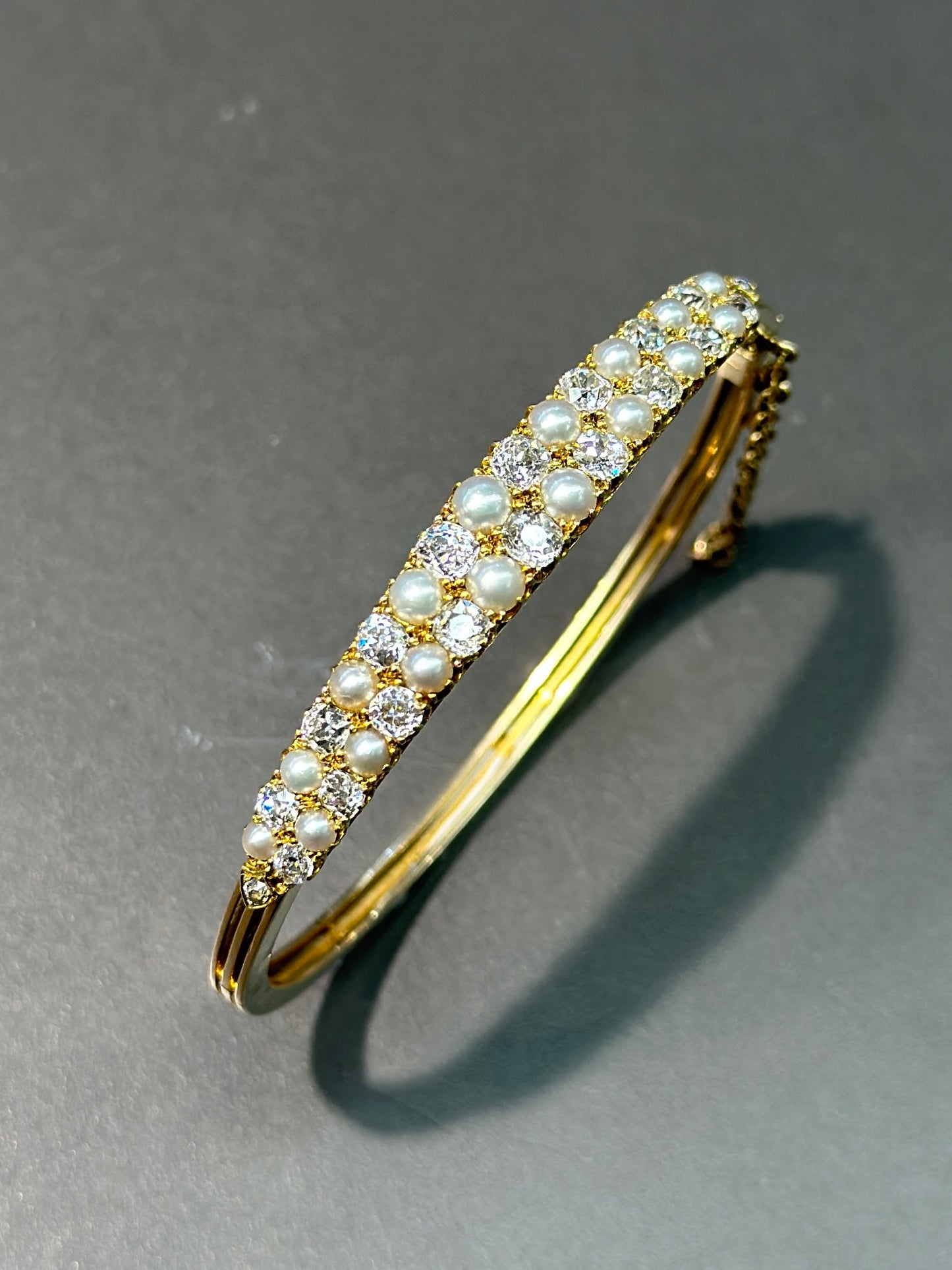 Victorian 15K Gold Natural Saltwater Pearl and Diamond Bangle