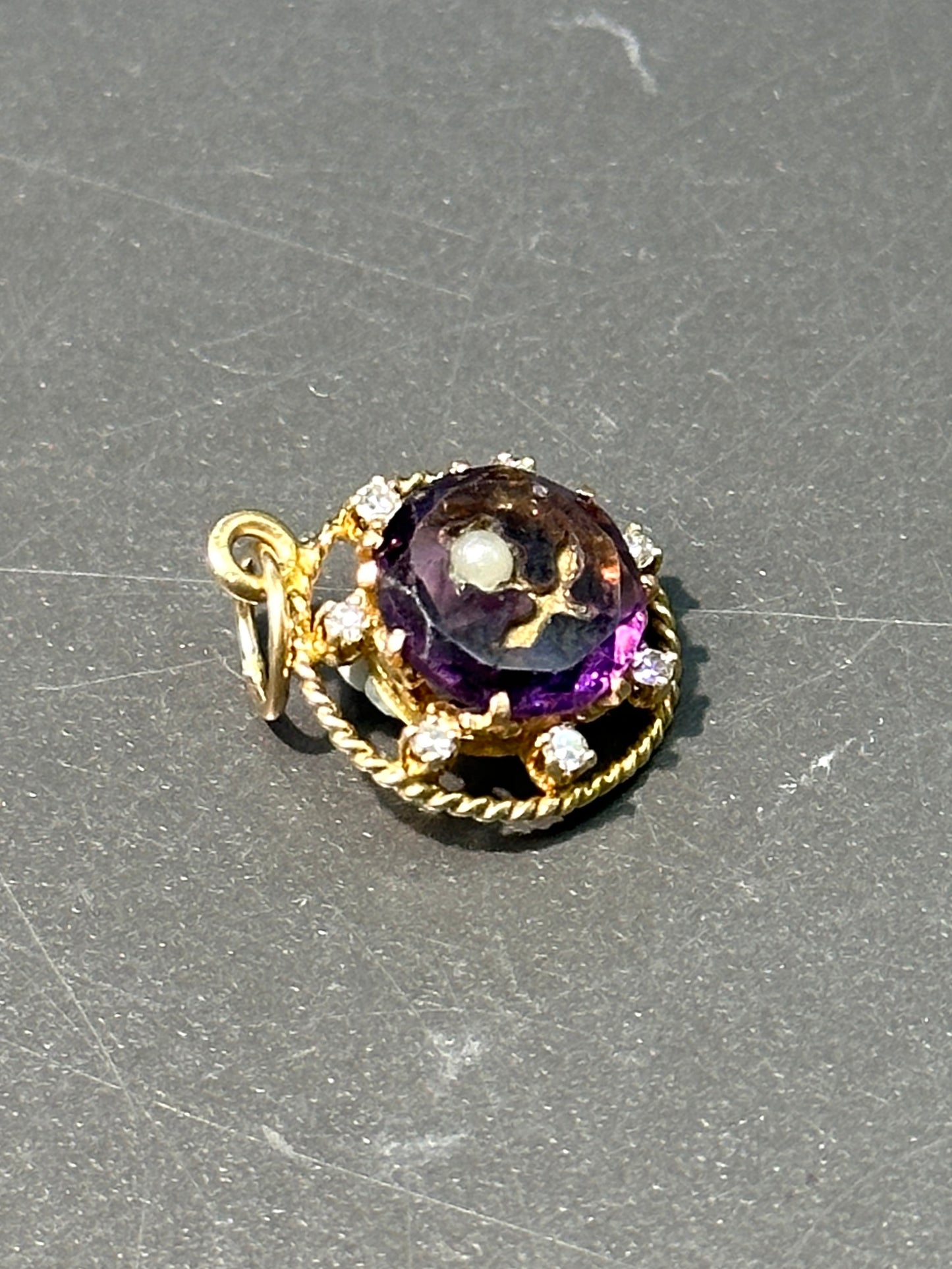 Victorian 14K Gold Amethyst Inlay Flower Diamond Charm