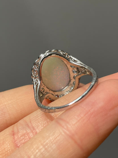 Art Deco Platinum Opal 0.88 CTW Diamond Halo Ring