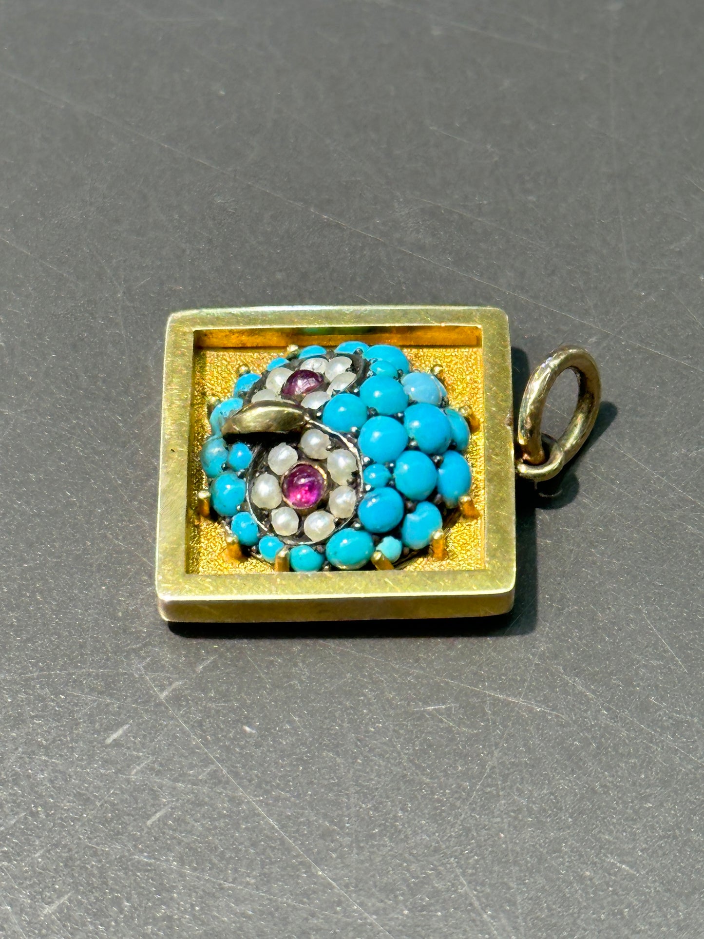 Victorian 14K Gold Turquoise Ruby Pearl Owl Pave Pendant