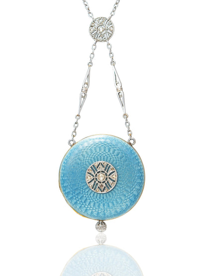 Antique Edwardian Platinum Turquoise Guilloche Enamel Pendant Watch and Chain