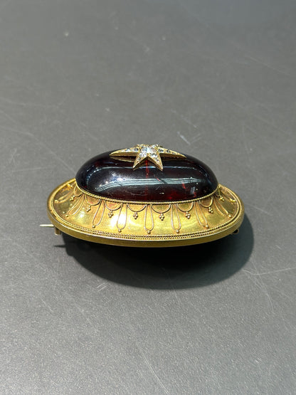 维多利亚伊特鲁里亚 14K 金石榴石钻石星爆胸针