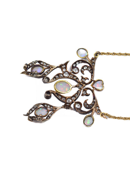 Antique 14K Gold Topped Silver Diamond Opal Lavaliere Pendant