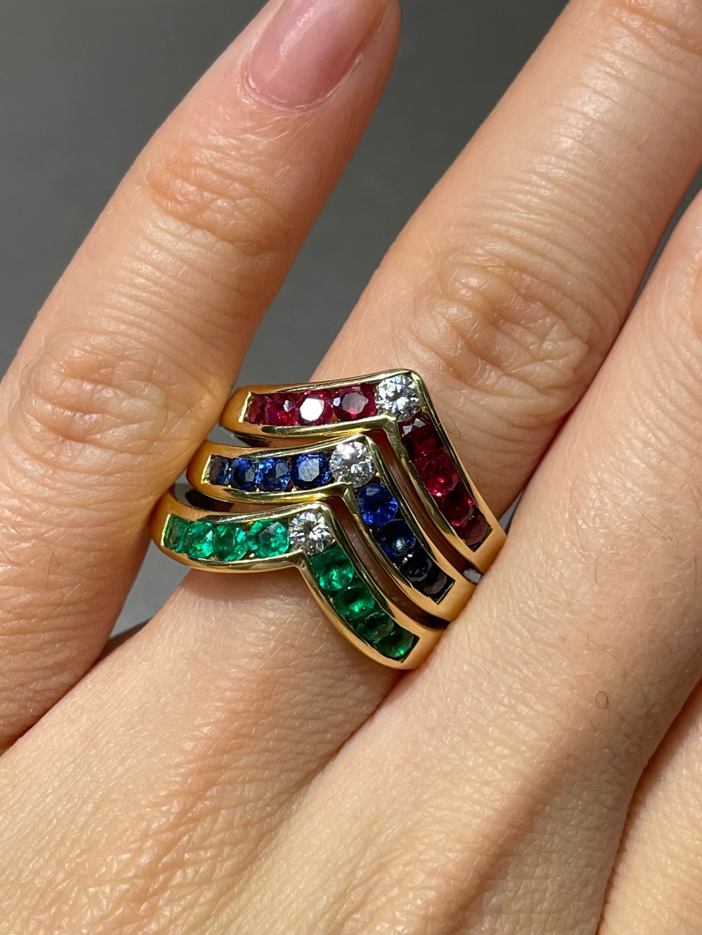 Vintage 14K Gold Emerald Ruby Sapphire Diamond Stacking Ring SZ 8