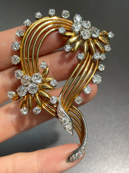 French 18K Gold 6.44 CTW Old Mine Cut Diamond Spray Brooch