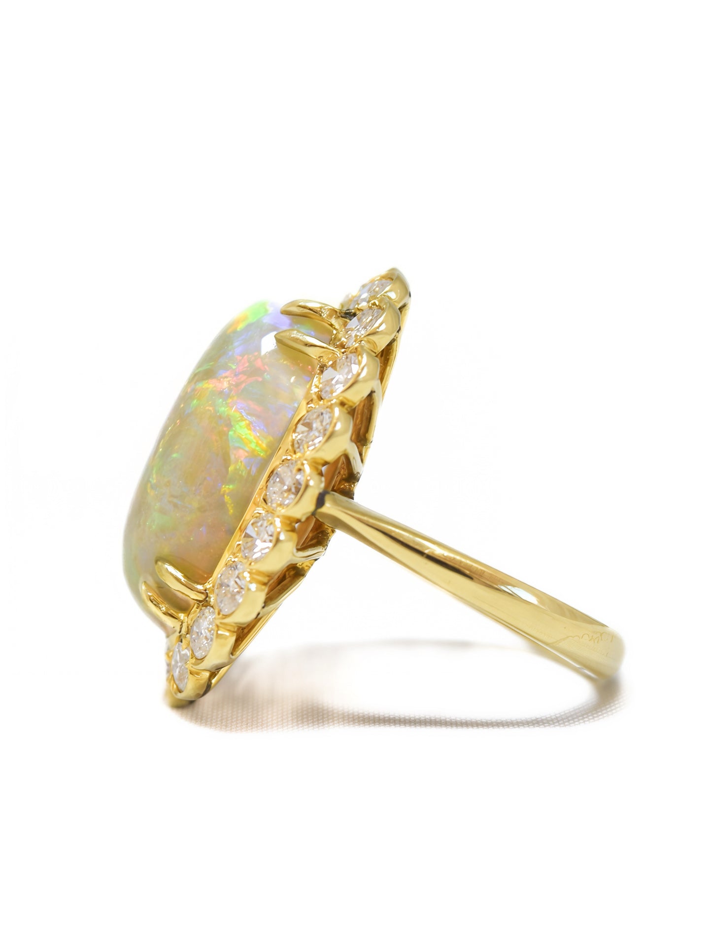 18K Gold Australian Opal Diamond Halo Ring