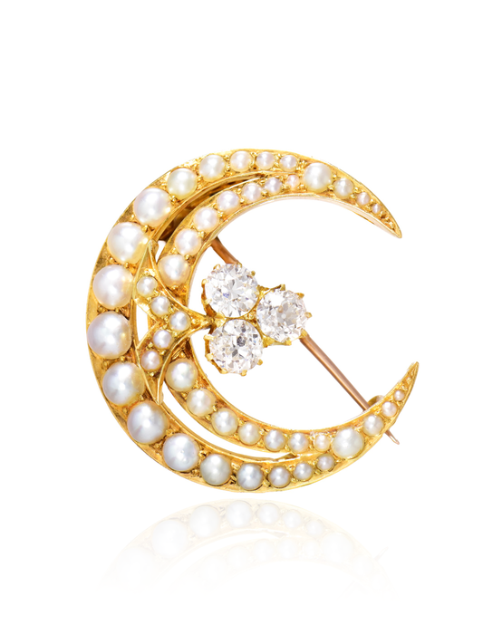 Antique 18K Gold 1.65CTW Diamond Pearl Crescent Brooch