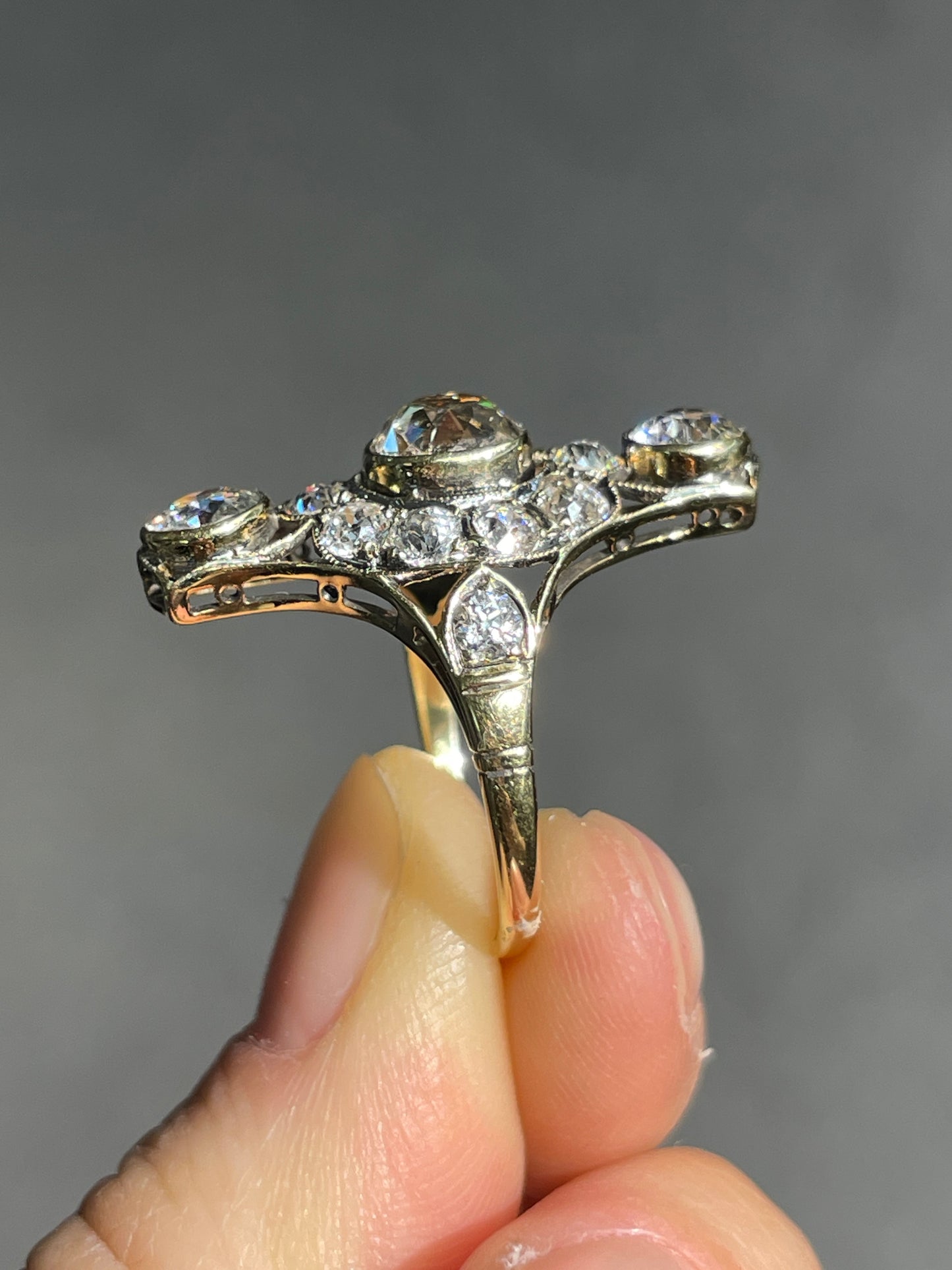 Antique 18K Gold 3.56 CTW Diamond Three Stone Vertical Ring