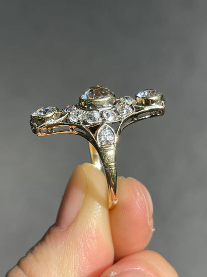 Antique 18K Gold 3.56 CTW Diamond Three Stone Vertical Ring