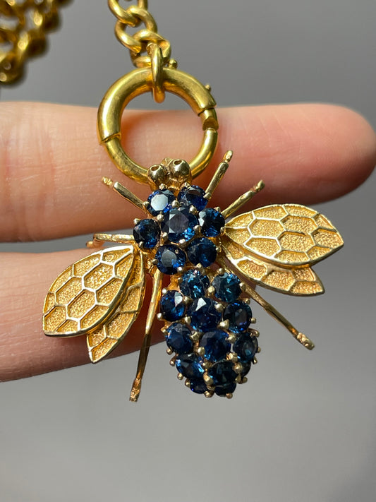 Vintage 14K Yellow Gold Sapphire Bee Pendant Brooch