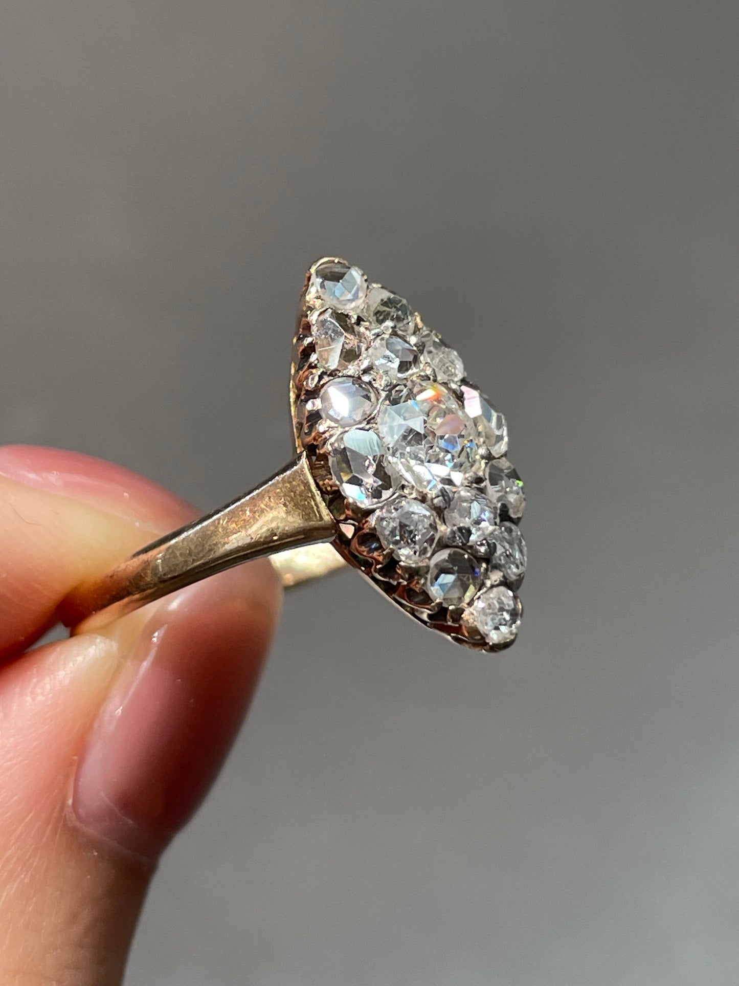 Antique Edwardian 14K Yellow Gold Diamond Navette Cluster Ring