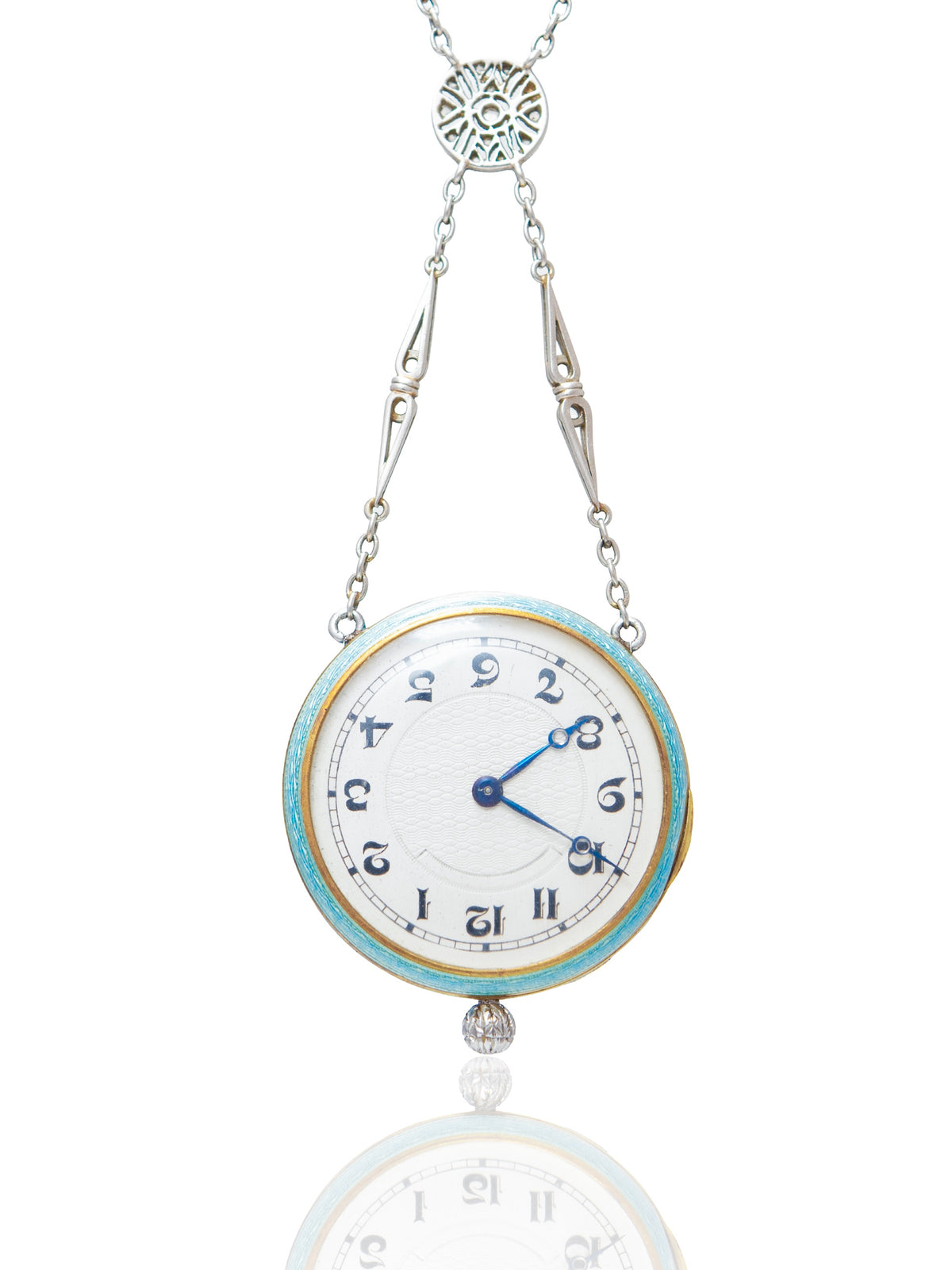 Antique Edwardian Platinum Turquoise Guilloche Enamel Pendant Watch and Chain