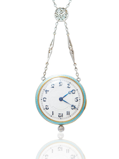 Antique Edwardian Platinum Turquoise Guilloche Enamel Pendant Watch and Chain