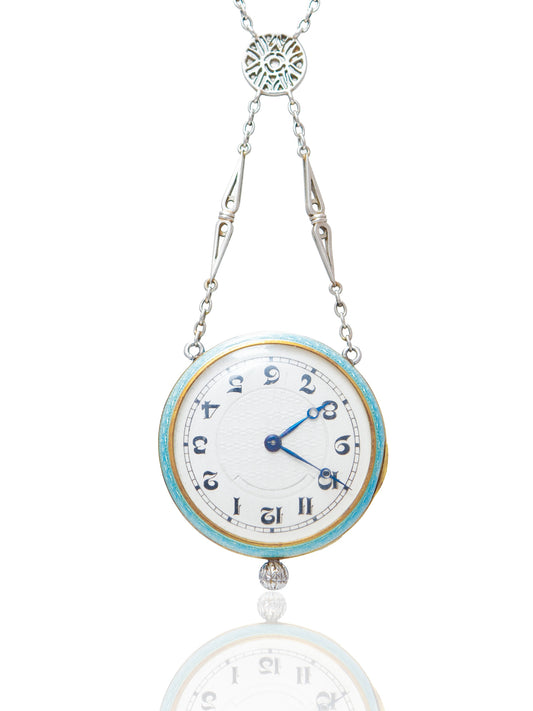 Antique Edwardian Platinum Turquoise Guilloche Enamel Pendant Watch and Chain