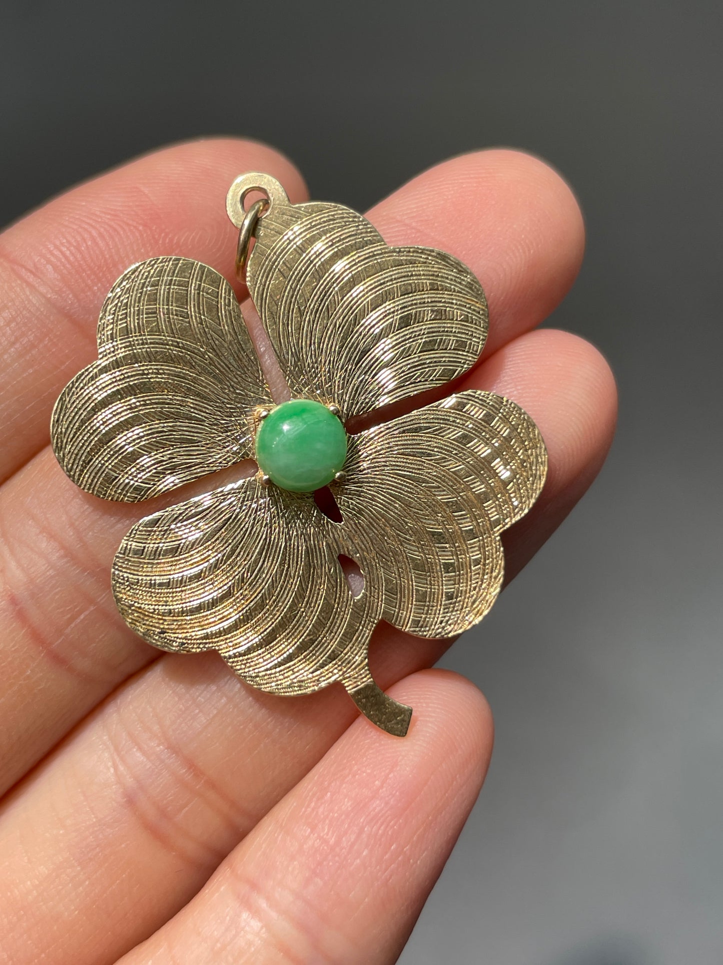 Vintage 14K Gold Large Jade Engine Turned Clover Charm