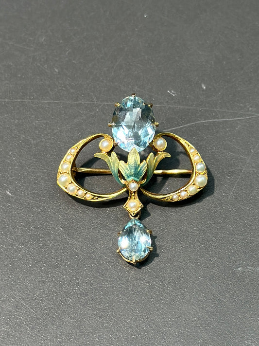 Art Nouveau Krementz &amp; Co. Broche en émail avec perles de graines d'aigue-marine en or 14 carats