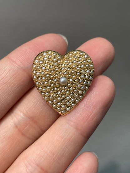 Vintage 14K Yellow Gold Pavé Seed Pearl Heart Brooch