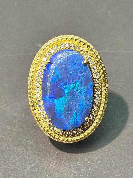 18K 金天然黑蛋白石钻石戒指