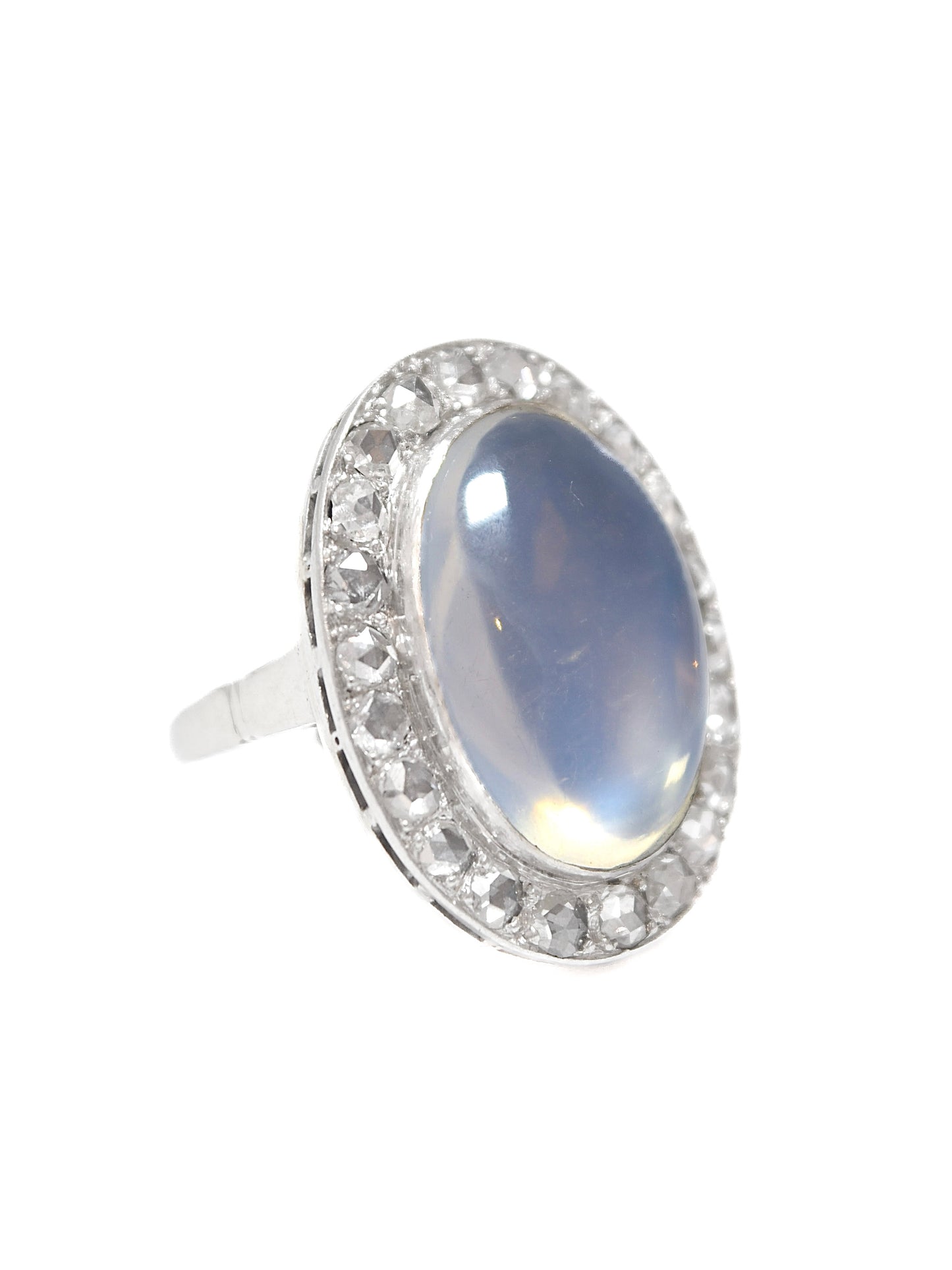 Edwardian 14K White Gold 13.2 CTW Ceylon Moonstone Rose Cut Diamond Halo Ring