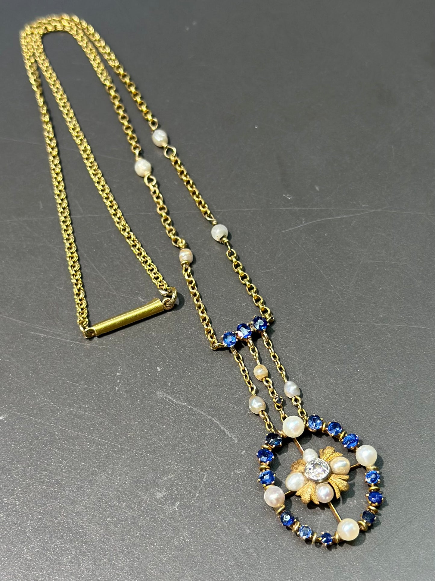 Edwardian 14K Gold Sapphire Pearl Diamond Necklace